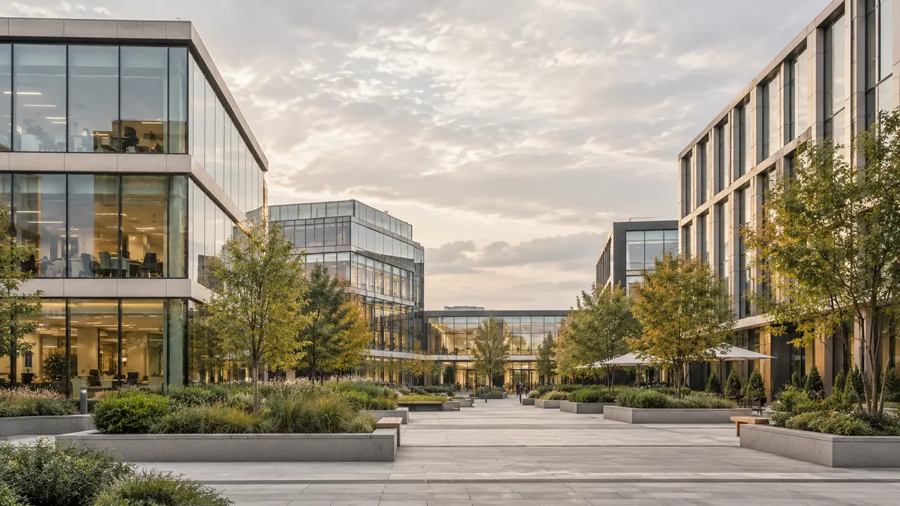 Ensemble de bureaux contemporains autour d’un parvis paysager